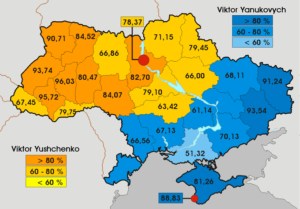 2004 election: Yanukovich regions in blue (--Deepresource.wordpress.com)