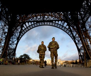 French soldiers at Eiffel Tower, closed for national mourning, Nov. 15, 2015. (AP/Peter Dejong)