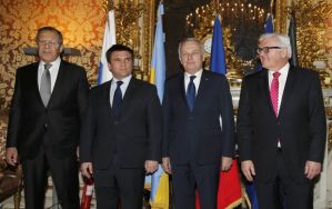 Segei Lavrov, Pavlo Klimkin, Jean-Marc Ayrault, Frank-Walter Steinmeier, Normandy Four meeting, March 3, 2016 (--Reuters/Jacky Naegelen)