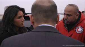 Gabbard visits with Syrian Arab Red Crescent and other humanitarian workers at Jibreen shelter, housing nearly 1,400 families who fled Aleppo City. (--Abraham Williams)